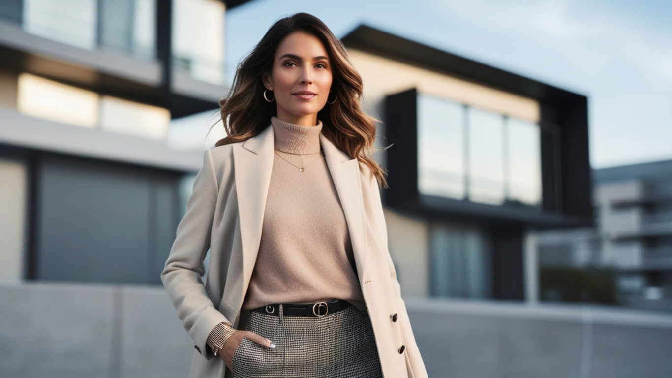 Selbstbewusste Frau im eleganten Blazer steht vor modernem Gebäude – symbolisiert CEO-Identität und Confidence im Online Business